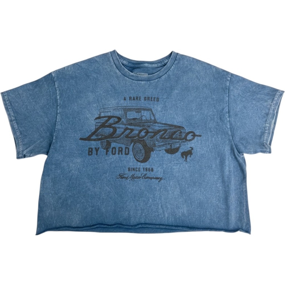 Ford Bronco Vintage Cropped Graphic T-Shirt Blue Distressed Cotton Large